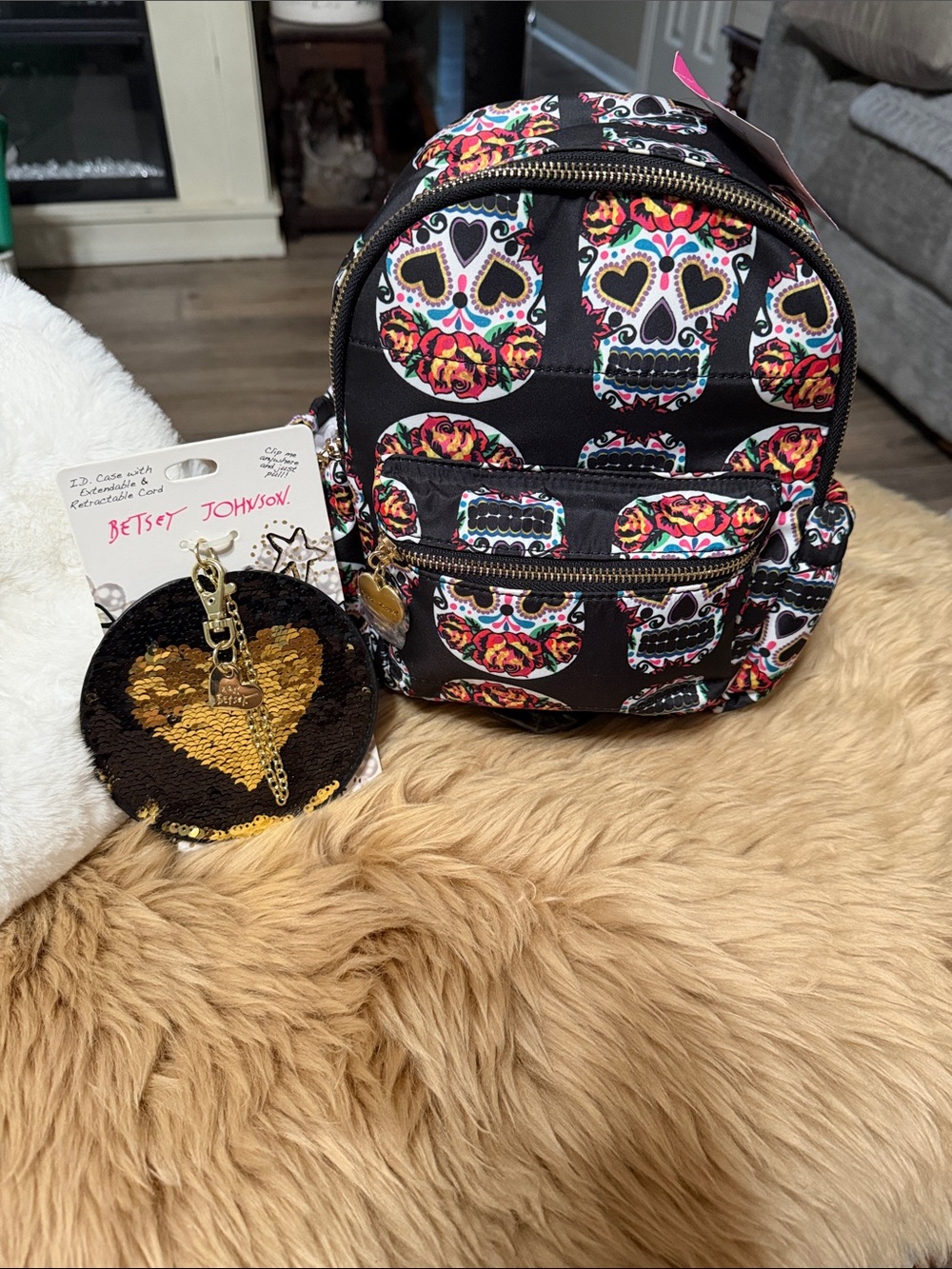 Betsy Johnson Mini Skulls Backpack & Bag Charm/ID Case NWT